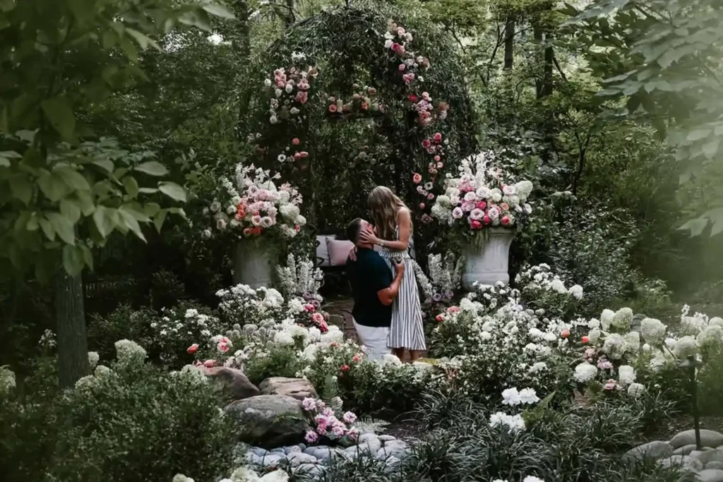 Gartenähnliche Blumeninstallation auf den Verlobungsfotos von Taylor Swift und Travis Kelce